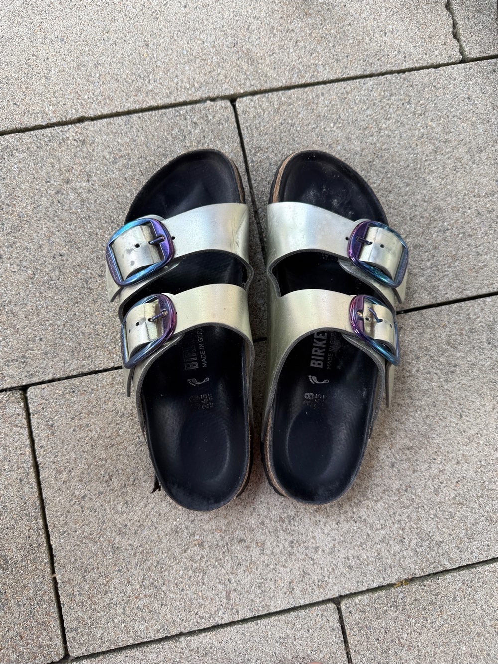 Birkenstock Arizona Iridescent Silver Slide Sandals with Rainbow Buckles